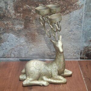 Gold Metallic Christmas Sitting Reindeer Tealight Candle Holder
